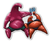 Starfish couple holding a glass of water in their bathing suits