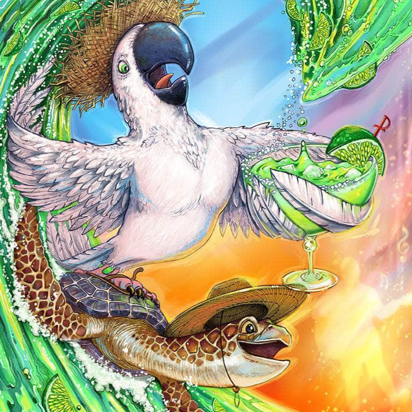 Margarita Wave a cockatoo surfing on a turtle in a margarita wave with Jimmy Buffett in the sky. A tribute