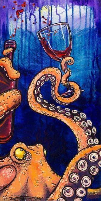 Marine art Octopus holding wine glass
