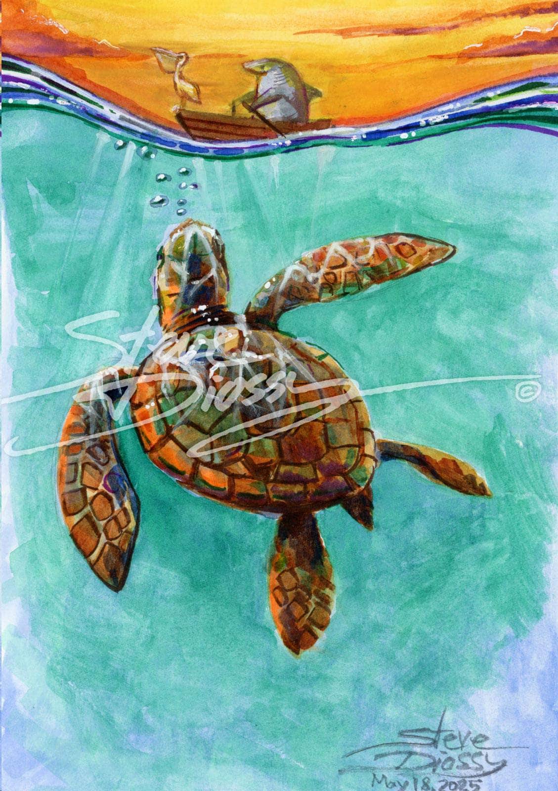 Auction Closed "Turtle Flow" Original Watercolor by Steve Diossy
