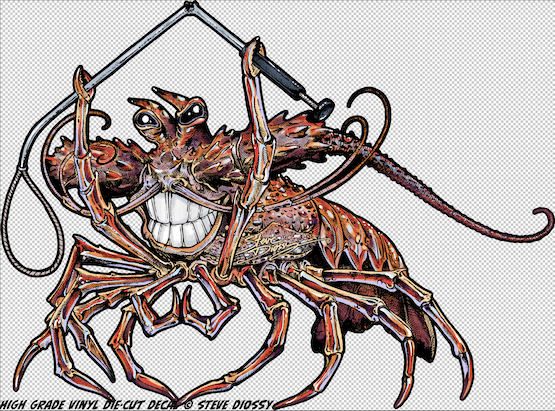 A die-cut decal of a cartoon-style spiny lobster with a playful expression.