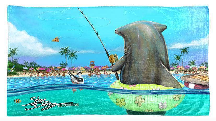 Shark Fishing Beach Towel by Steve Diossy - Steve Diossy Marine Artist